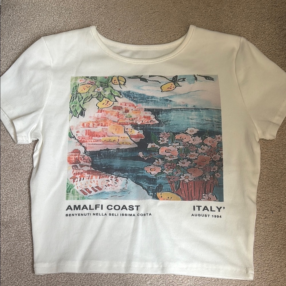 White Graphic Tee with Amalfi Coast Print